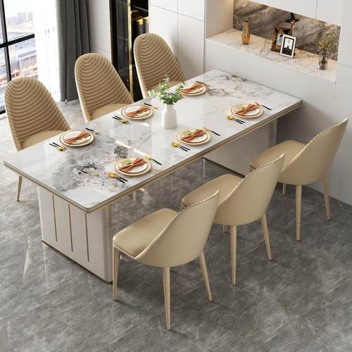 奶油风白岩板餐桌高级轻奢现代简约小户型餐厅餐桌椅组合家用饭桌 - 图0