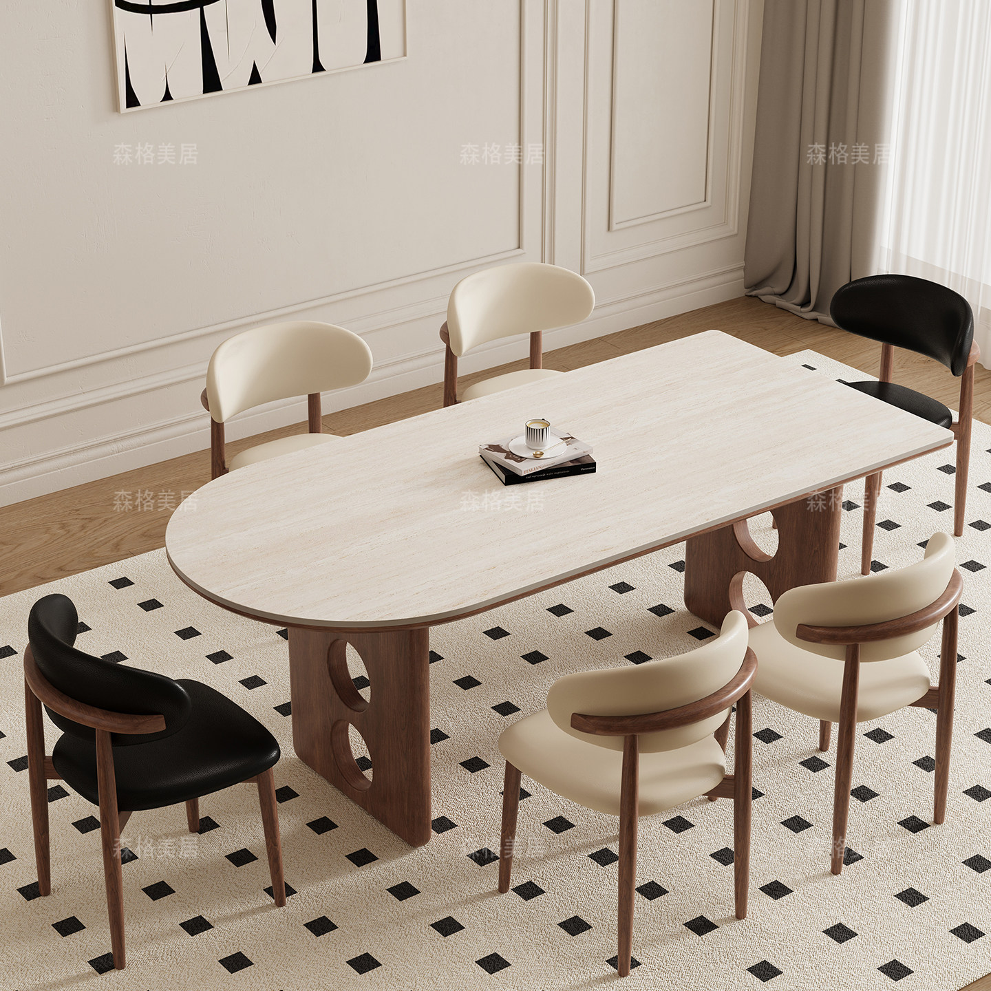 德利丰岩板洞石法式餐桌家用小户型复古中古半圆长方形餐桌子客厅,淘宝优惠券,粉丝福利购,淘宝优惠卷