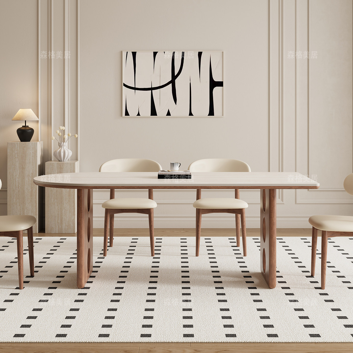 德利丰岩板洞石法式餐桌家用小户型复古中古半圆长方形餐桌子客厅,淘宝优惠券,粉丝福利购,淘宝优惠卷