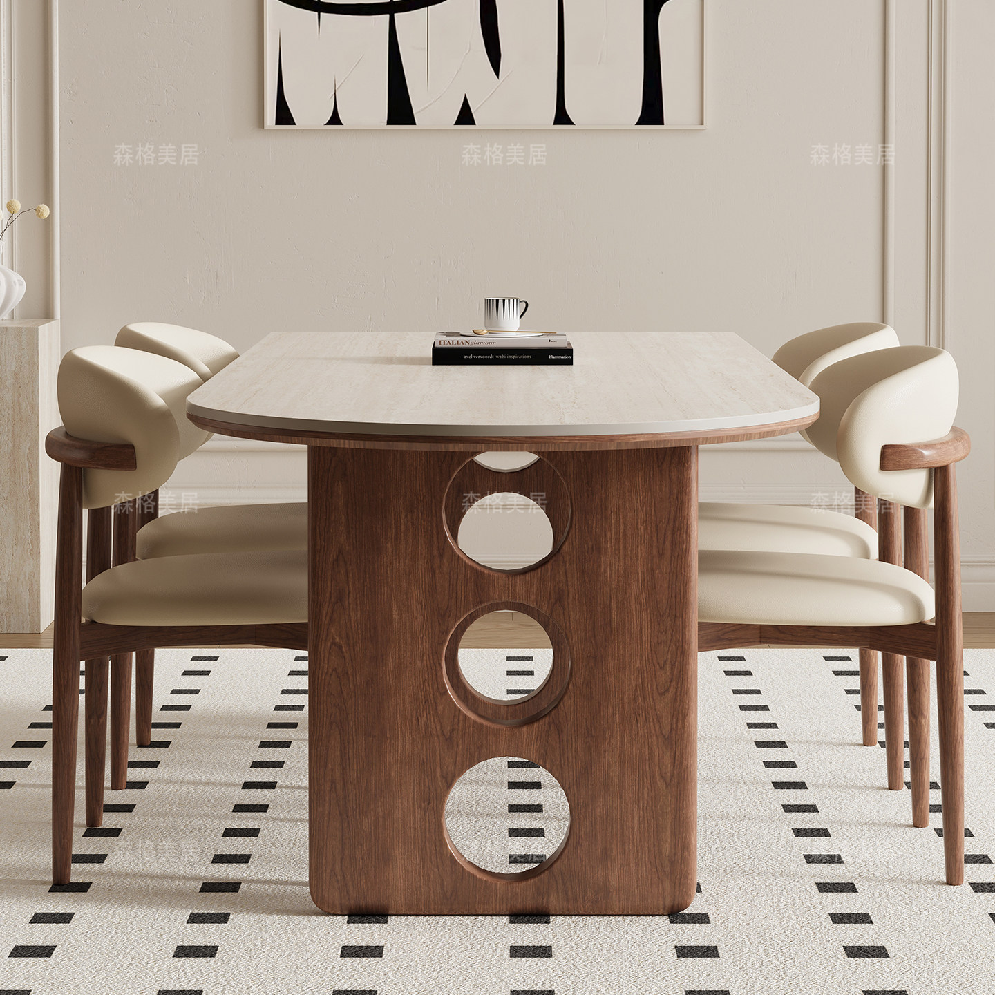 德利丰岩板洞石法式餐桌家用小户型复古中古半圆长方形餐桌子客厅,淘宝优惠券,粉丝福利购,淘宝优惠卷