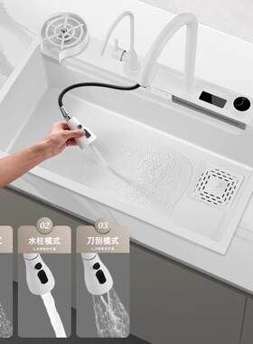 家用数显瀑布日式水槽304不锈钢白色大单槽厨房洗菜洗碗池台下盆