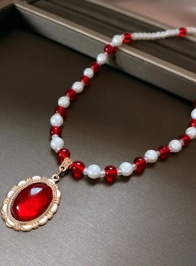 欧美宫廷风红色椭圆人造水晶款项链复古气质锁骨链轻奢高级感项饰