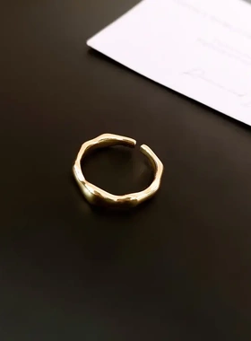 真金电镀锆石竹叶竹节开口戒指小众设计感食指戒简约高级感手饰女