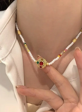 鸽子红淡水珍珠项链精致法式高级感串珠锁骨链新中式多巴胺颈链