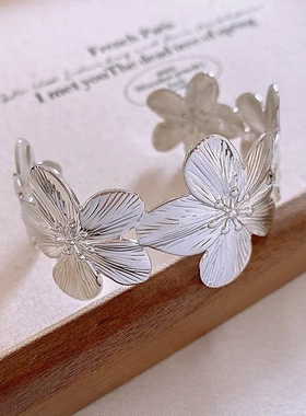 欧美个性花朵开口手镯小众新款潮流手环气质金属冷淡风手饰女