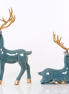 新中式陶瓷招财麋鹿摆件家居客厅玄关隔断书架桌面装饰品送礼摆设