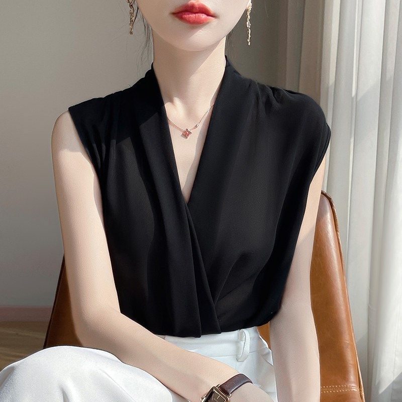 春夏乔其纱缎面交叉V领无袖背心女短袖T恤宽松内搭吊带打底衫上衣,淘宝优惠券,粉丝福利购,淘宝优惠卷