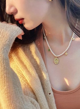 蜜蜂妈手作 彩色城堡珍珠项链女复古小众轻奢气质高级感锁骨链