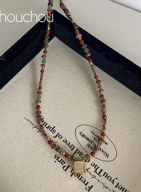 chouchou项链女天然虎眼石串珠饰品复古油画感安可拉红锁骨链秋