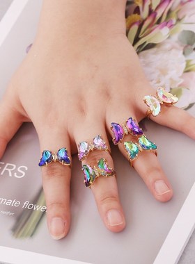 儿童蝴蝶戒指小公主闺蜜小众设计女童女孩宝石渐变彩色水晶饰品女