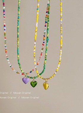 法式手工滴油爱心彩色串珠项链小众轻奢甜美颈链锁骨链多巴胺配饰
