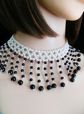欧美夸张仿珍珠流苏项链女脖子饰品奢华小众设计锁骨链毛衣颈脖链