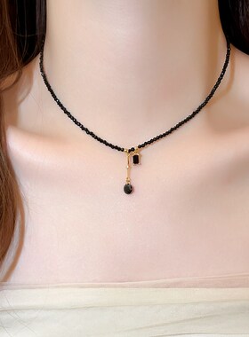 古里雅黑色水晶串珠几何流苏吊坠项链女独特2025新款轻奢小众颈链