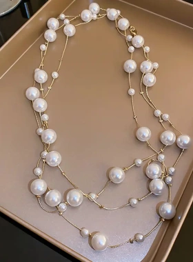 法式长款灰色珍珠叠戴项链小众设计感锁骨链复古轻奢高级感项饰女