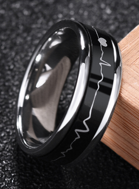 心电图钛钢戒指男生黑色韩版简约单身食指环戒子情侣刻字学生潮人