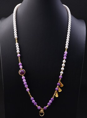 泰伽纯手工珍珠贝项链紫色系淡紫圆珠佛牌链子绳吊坠绳快拆方便扣