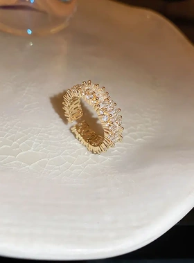 巴珍珠镂空方形锆石开口戒指时尚气质食指戒轻奢高级感手饰女