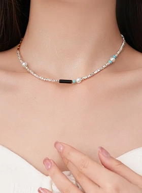 法式复古人造虎眼石碎银形珍珠项链民族风锁骨链锁骨链高级感项饰