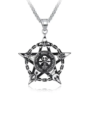 爆款不锈钢饰品朋克五角星骷髅共济会精品钛钢吊坠项链男