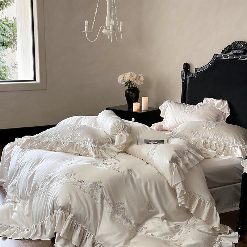 60sLF级兰精天丝四件套公主风蕾丝刺绣丝滑凉感被套床上用品 - 图0