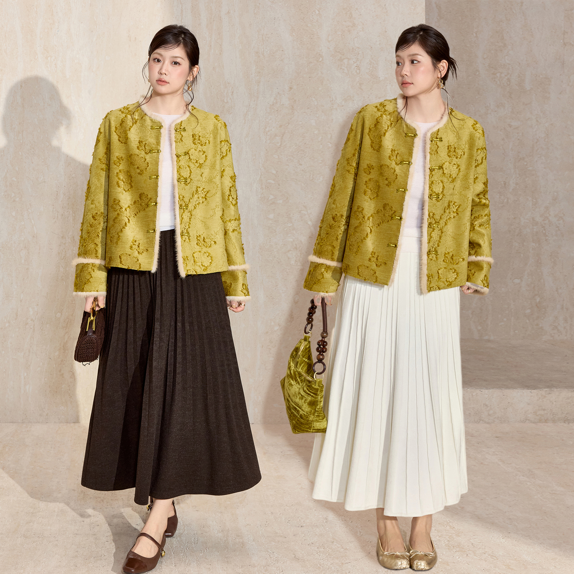 蓝语大码新中式亮丝剪花羽绒服2025冬季新款国风水貂毛保暖短外套 - 图1