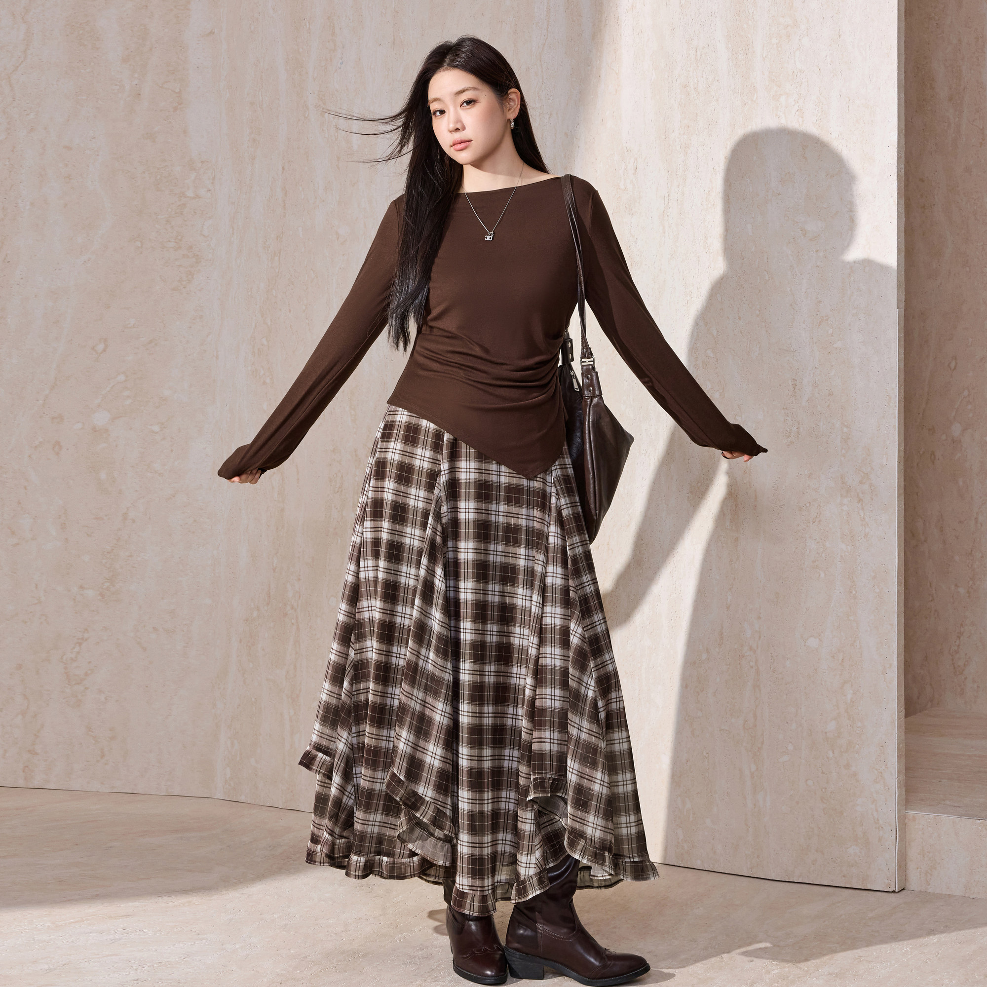 蓝语大码女装2026春新款宽松斜肩两穿长袖T恤复古格纹半身裙套装,淘宝优惠券,粉丝福利购,淘宝优惠卷