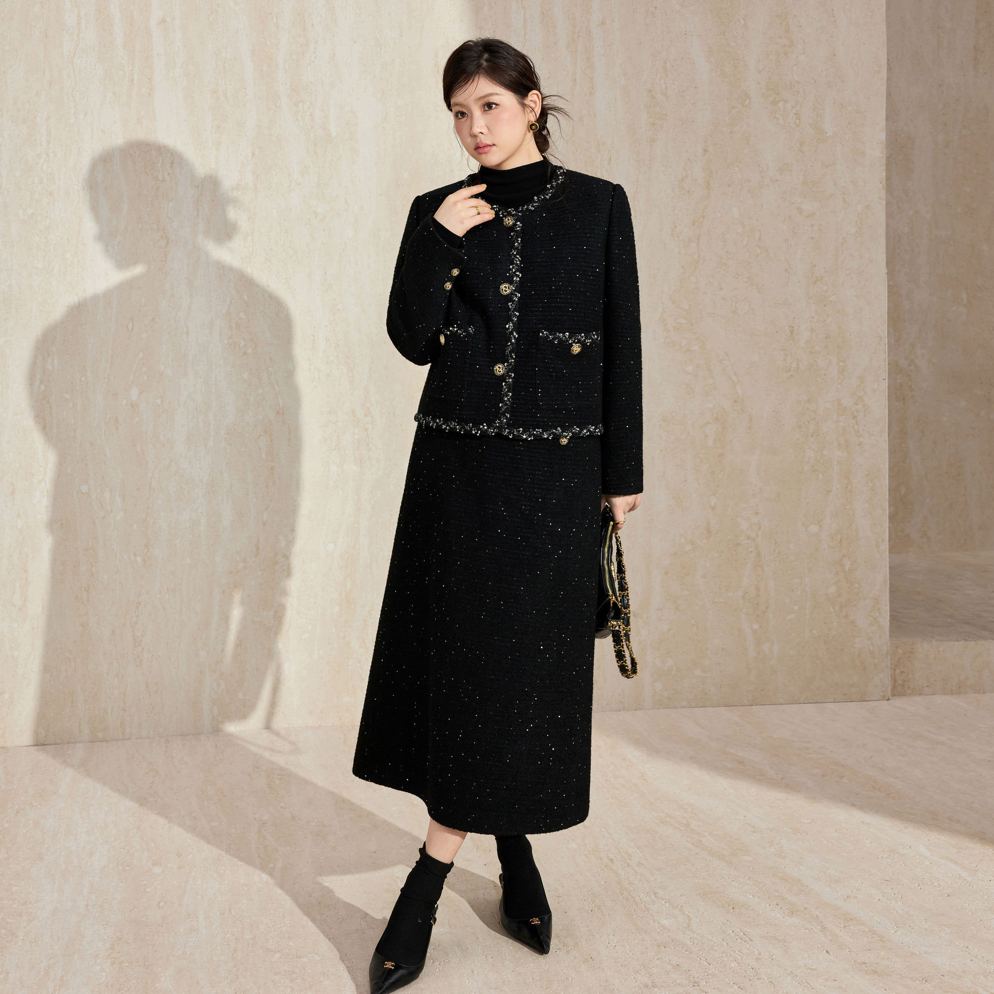 蓝语大码90白鹅绒羽绒服小香风外套气质粗花呢羊毛混纺A字半身裙 - 图1