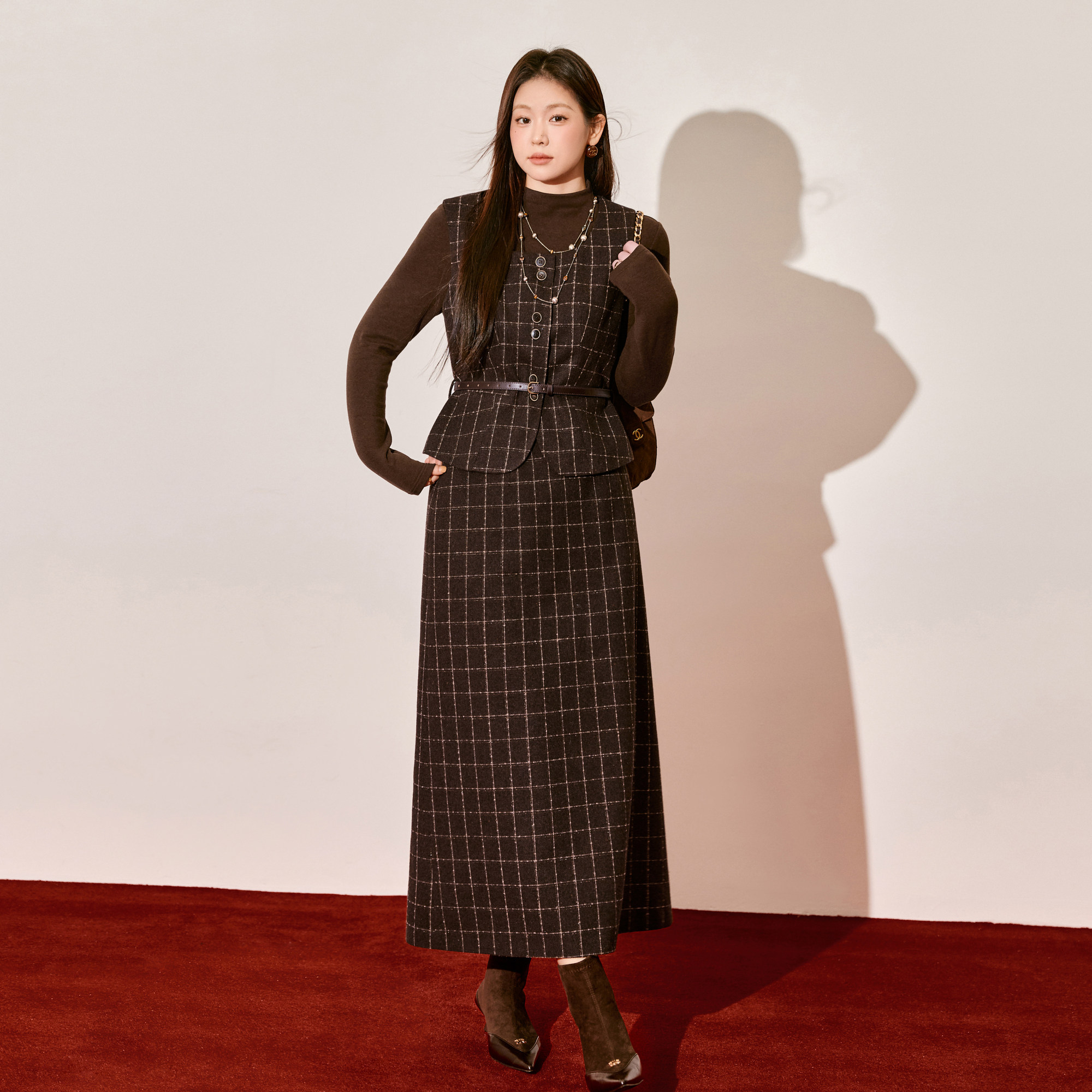 蓝语大码复古格纹羊毛混纺马甲半高领打底衫半身裙气质收腰三件套,淘宝优惠券,粉丝福利购,淘宝优惠卷