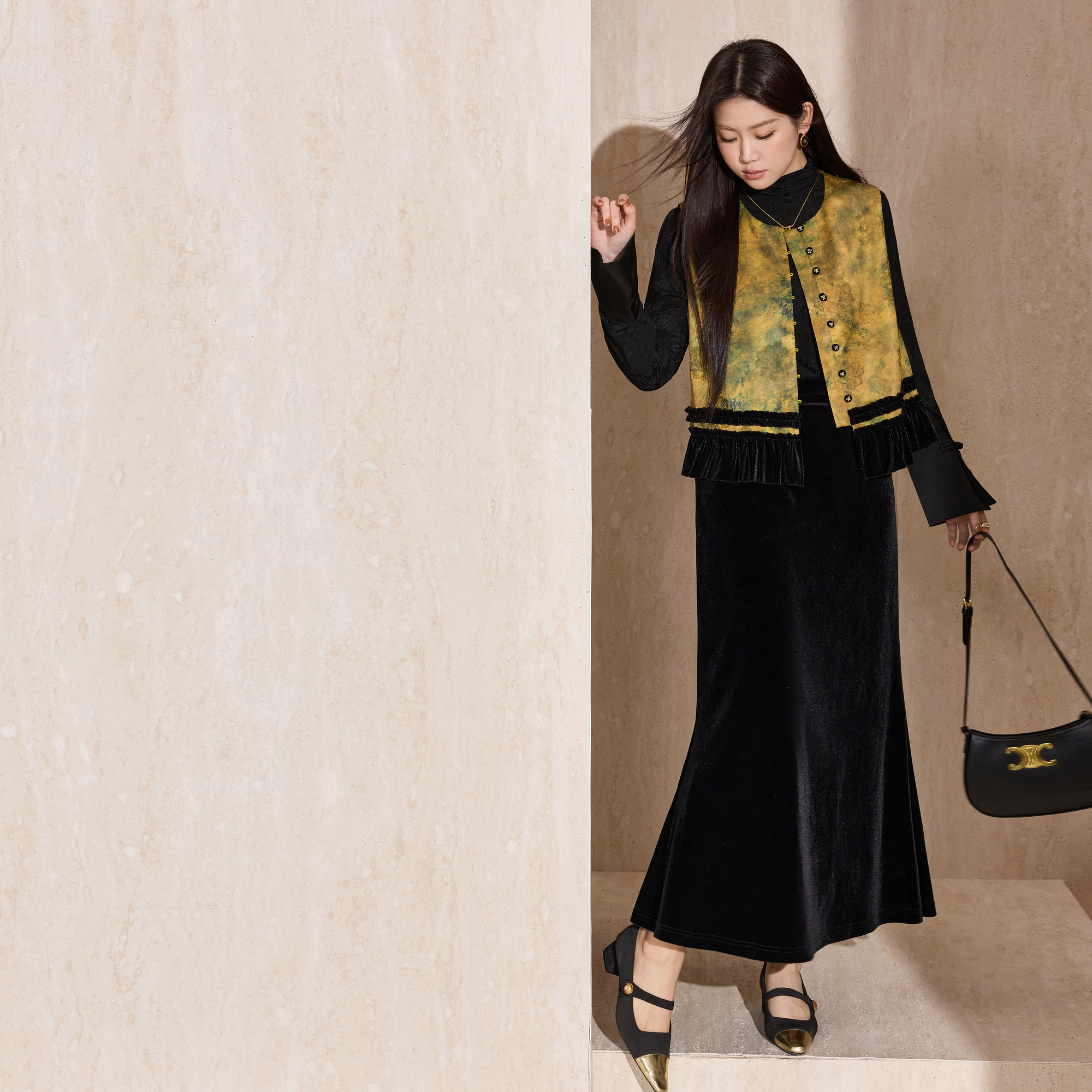 蓝语大码新中式国风精致拼接马甲提花半高领打底衫鱼尾半身裙套装,淘宝优惠券,粉丝福利购,淘宝优惠卷