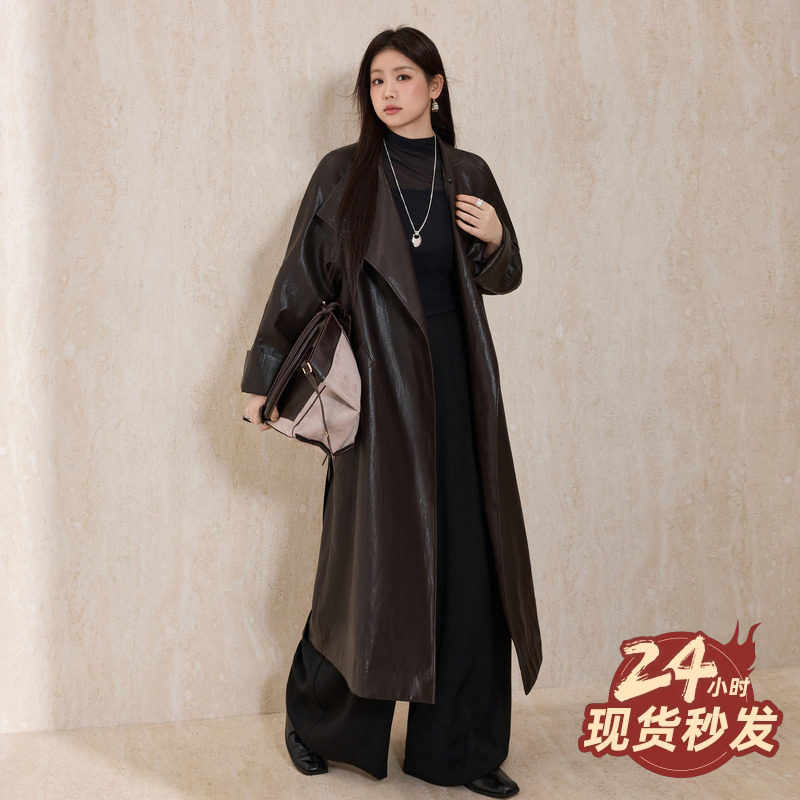蓝语大码PU皮衣2026新款今年流行爆款廓形翻领收腰长款风衣外套女,淘宝优惠券,粉丝福利购,淘宝优惠卷