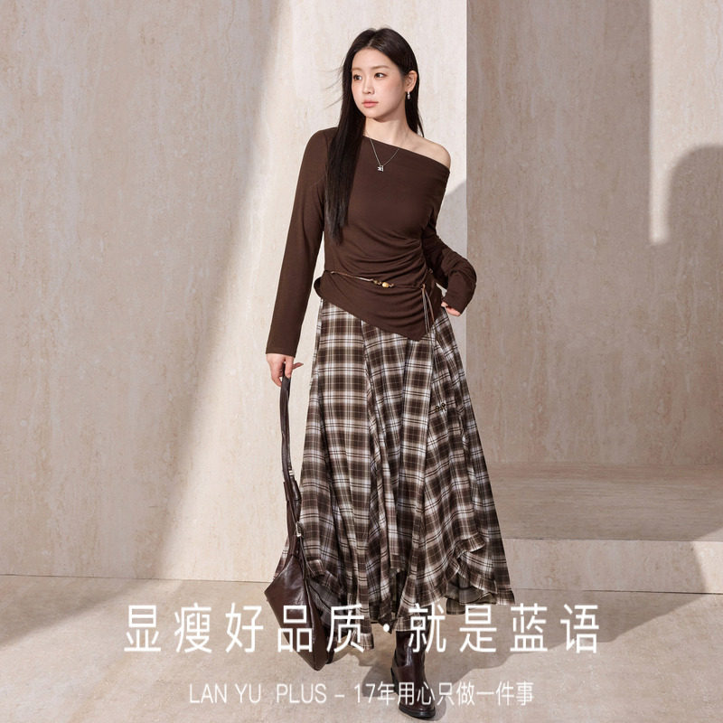 蓝语大码女装2026春新款宽松斜肩两穿长袖T恤复古格纹半身裙套装,淘宝优惠券,粉丝福利购,淘宝优惠卷