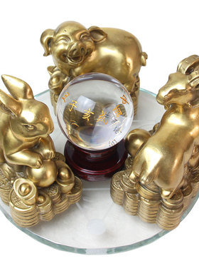 福缘阁 新品 三合水晶球摆z件虎马狗兔猪羊牛蛇鸡家居饰品