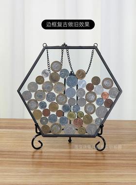 六边形硬币展示框 新房客厅玄关装饰酒柜软装 透明储蓄罐玻璃摆件