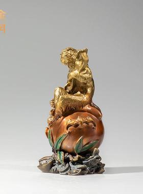 铜金岁月如意猴子铜摆件生肖猴寿桃如意猴铜器工艺品客厅桌面装饰
