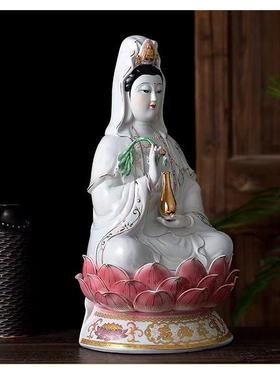 陶瓷坐莲南海观音娘娘佛像风水家用供奉摆件观音菩萨保平安送礼
