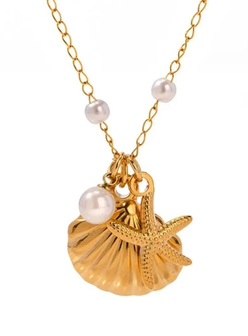 【当天发】独立站东陵玉贝壳海螺项链复古ins风法式项链镀金