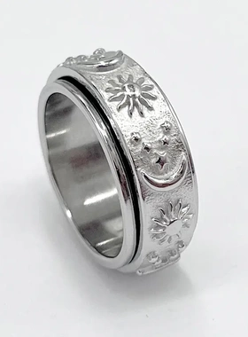 热销可转动钛钢男士戒指日月星辰铸造不锈钢复古指环