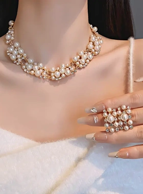 几何镶钻珍珠项链女 法式气质高级感锁骨链小众复古气质饰品