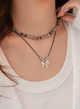 秋冬咖色几何人造虎眼石项链复古高级感锁骨链时尚轻奢风项饰