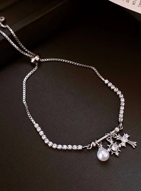 欧美风锆石雪花十字架珍珠可调节手链简约个性手环轻奢高级感手饰