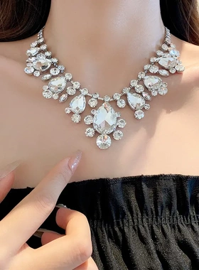 欧美夸张镶钻花朵水滴流苏项链个性设计感锁骨链网红气质项饰