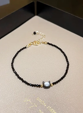 真金电镀气质黑色水晶小猫头项链网红时尚个性项坠新款设计项饰女