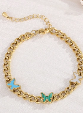 欧美复古设计高级感绿色滴油镶钻珍珠链条拼接钛钢手链