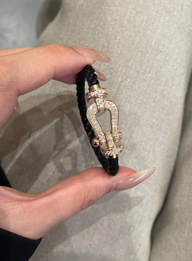 韩秀娜马蹄扣手链女镀18k玫瑰金手工编织钢丝手绳航海扣情侣手镯