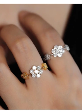 真金电镀锆石花朵开口戒指时尚潮流百搭食指戒韩系高级感手饰秋冬