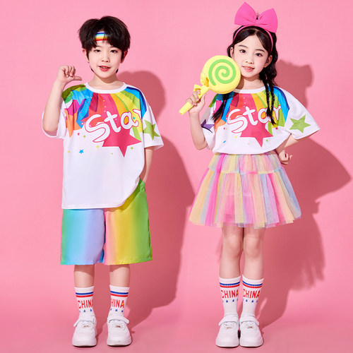 儿童啦啦队演出服小学生运动会服装幼儿园多巴胺彩虹毕业表演班服 - 图2