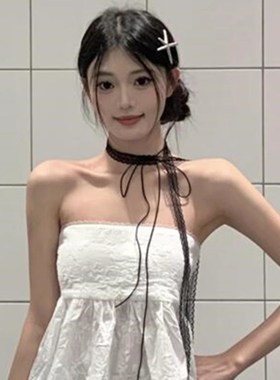 zoozmini叠戴层次感设计蕾丝飘带细窄女春夏百搭锁骨颈带丝巾项炼