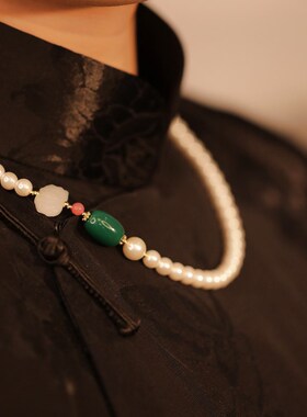 旗袍珍珠项链女生古典中国风毛衣链设计感小众短款汉服玉石锁骨链
