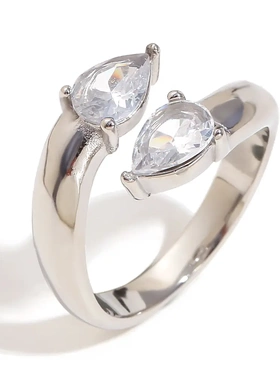 欧美ins小众设计款高级感手饰不锈钢镀18k金水滴锆石双头开口戒指