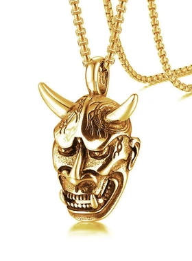 促销新款霸气牛角不锈钢般若之面吊坠钢色男士 鬼脸铸造项链饰品